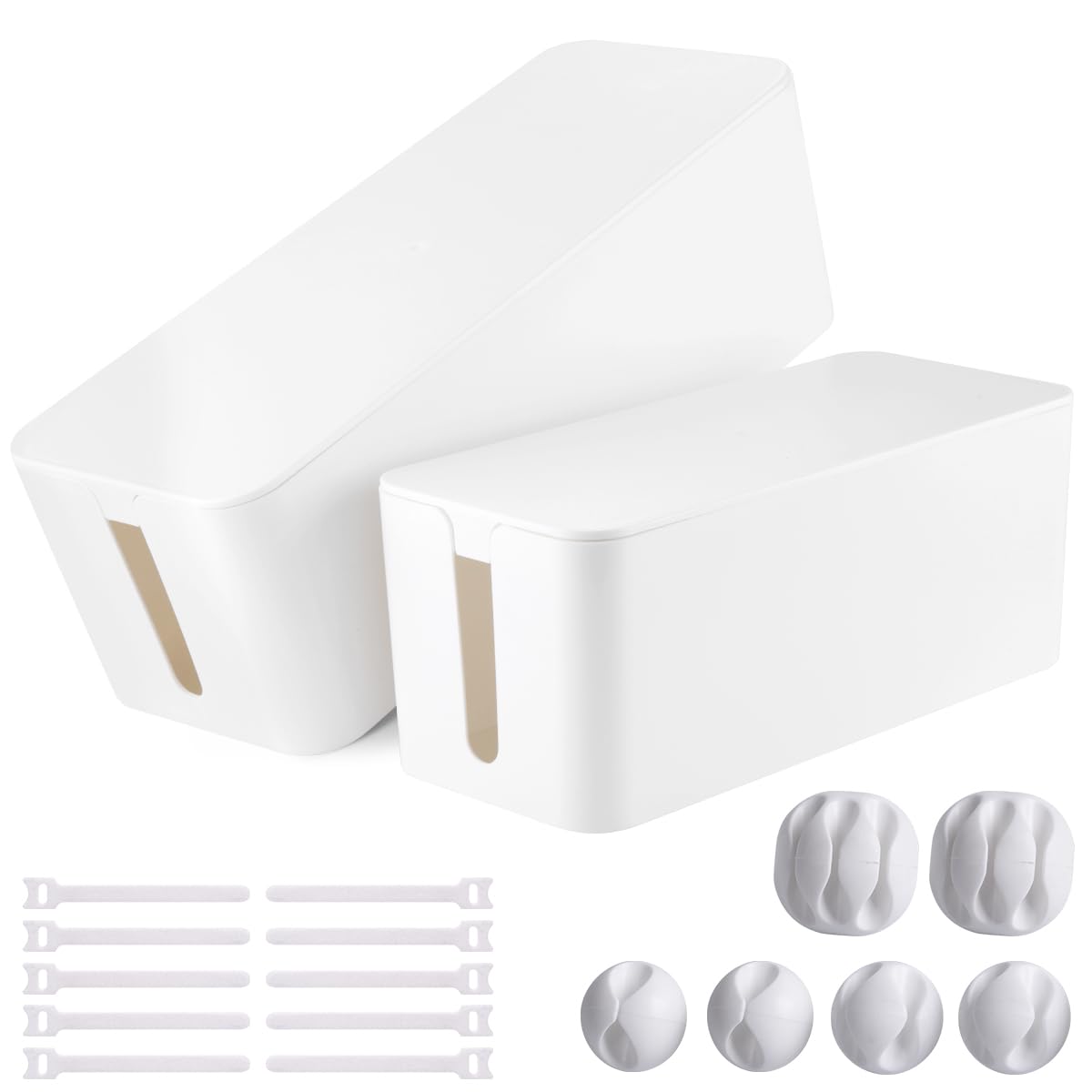 Cable Management Box Set, Large and Medium, with 17-Piece Kit, White