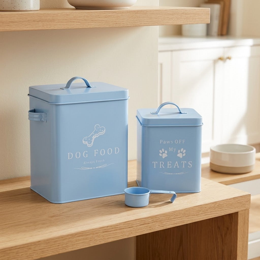 Farmhouse Metal Pet Food and Treat Container Set with Scoop, Matte Blue