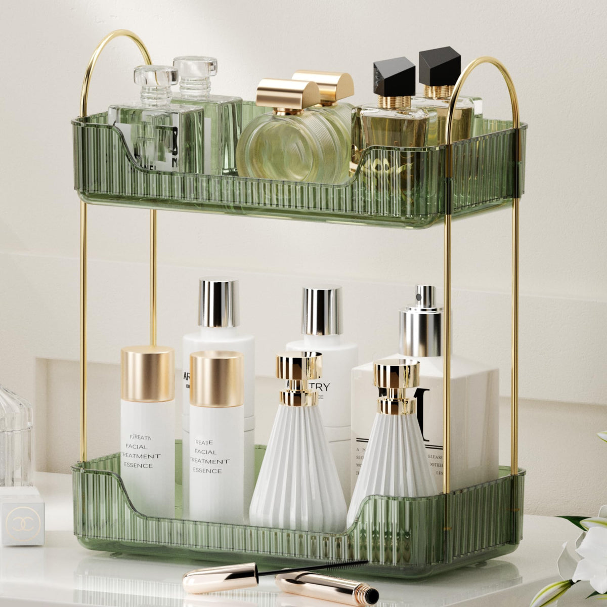 2-Tier Countertop Vanity Organizer, Vintage Green Tray, Gold Rod