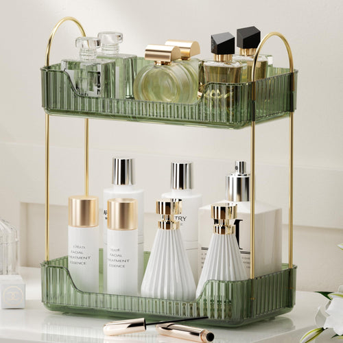 2-Tier Countertop Vanity Organizer, Vintage Green Tray, Gold Rod