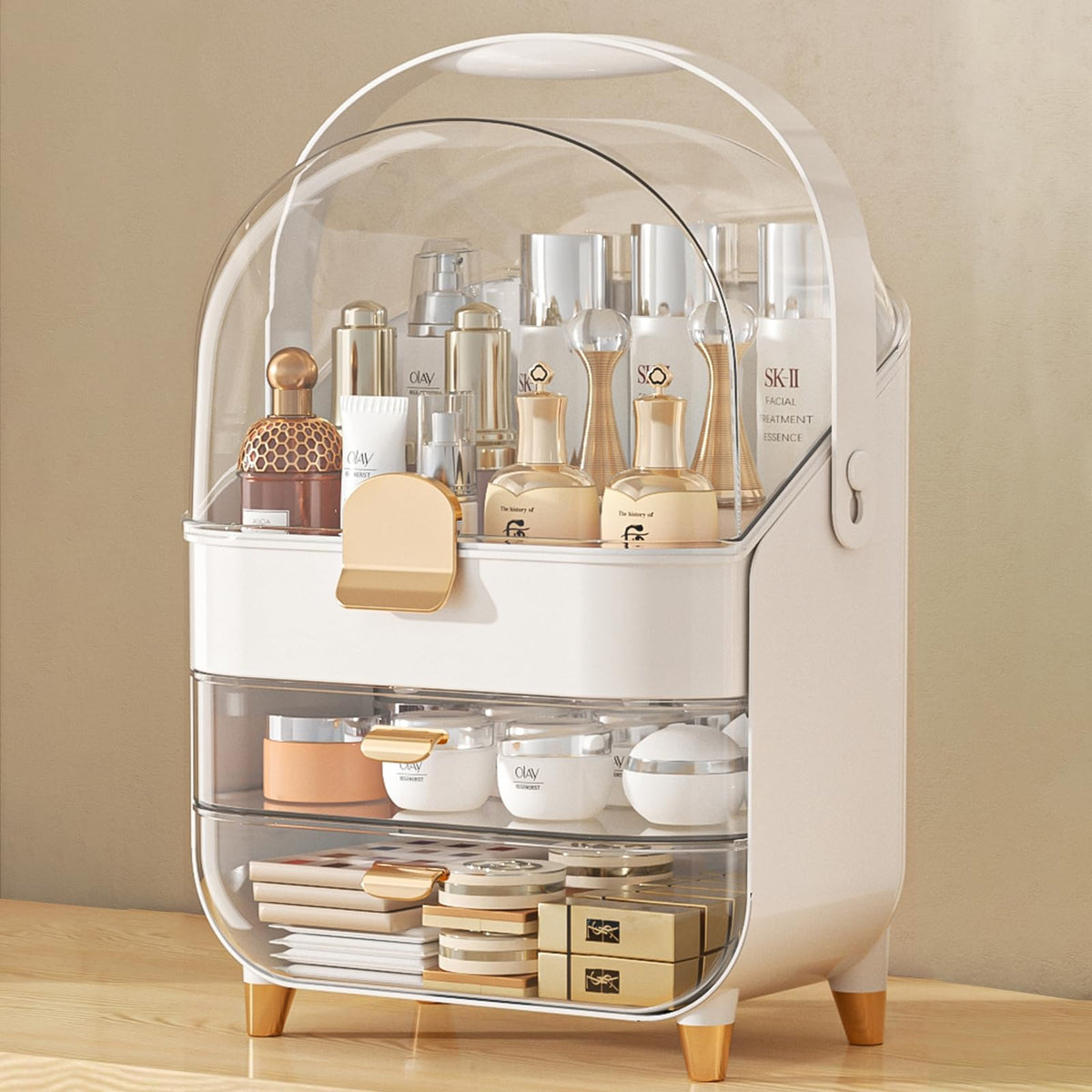 3-Tier Dustproof Makeup and Skincare Organizer with Lid, Rose Gold
