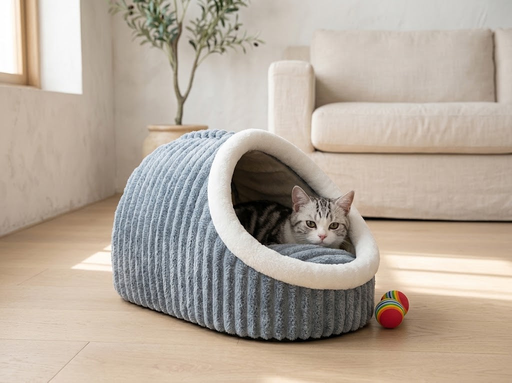 Plush Cave Pet Bed with Removable Cushion and Handle, Small, Blue