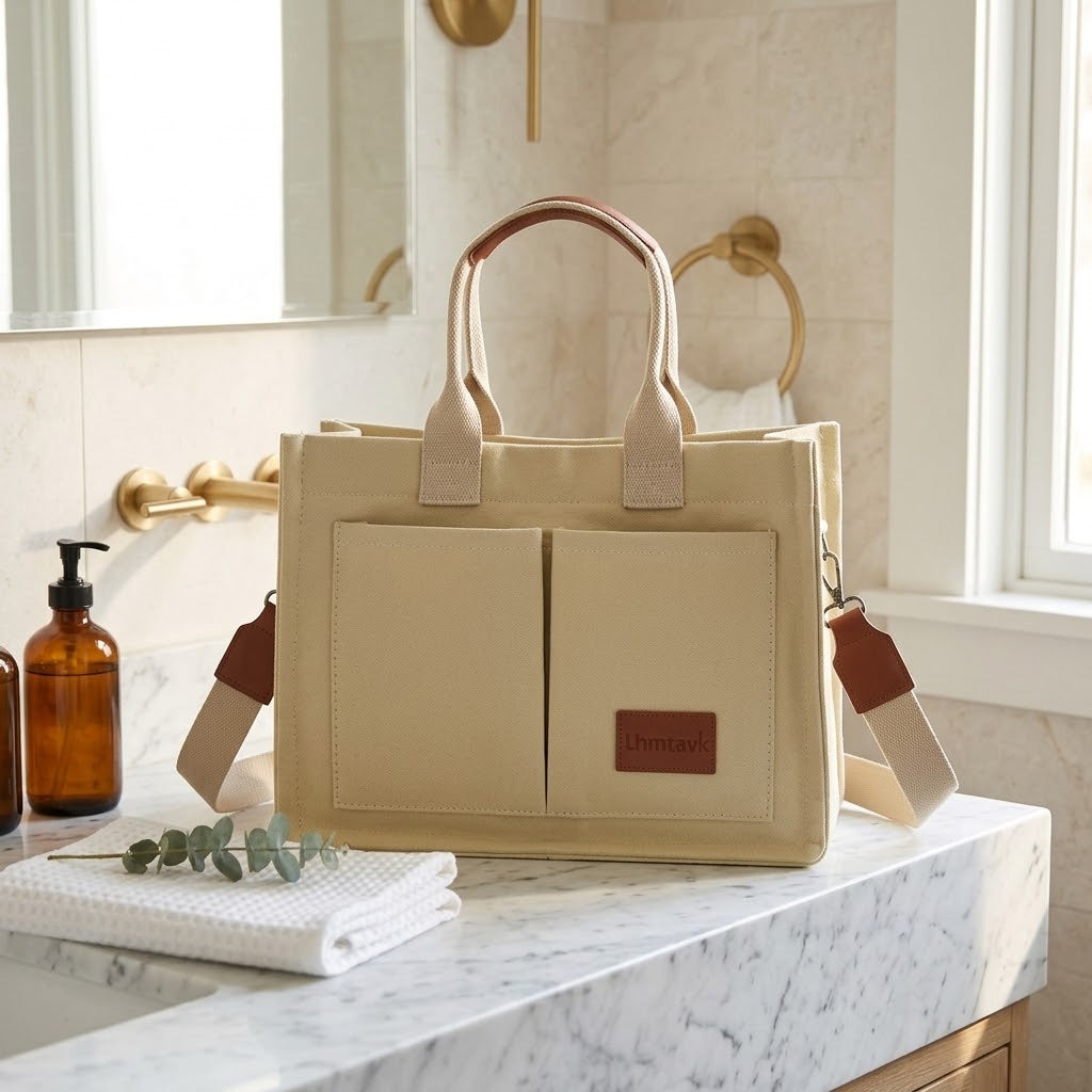 Canvas Crossbody Tote Bag with 5 Pockets, Khaki