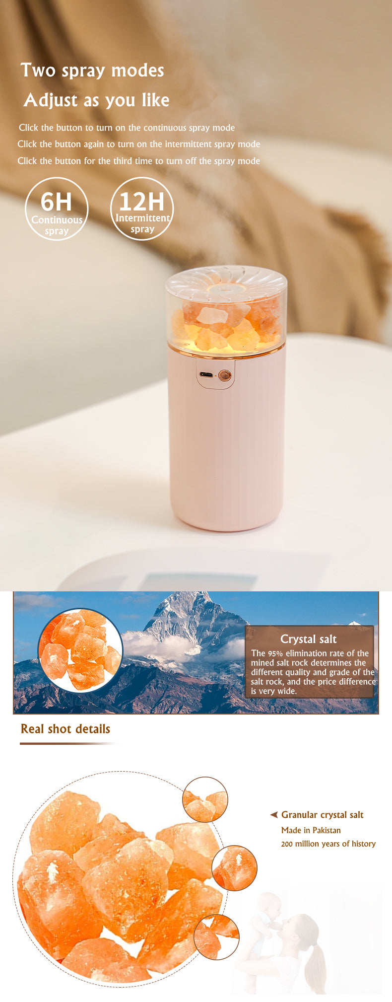 Himalayan Salt Stone Diffuser and Humidifier with LED Light, Pink
