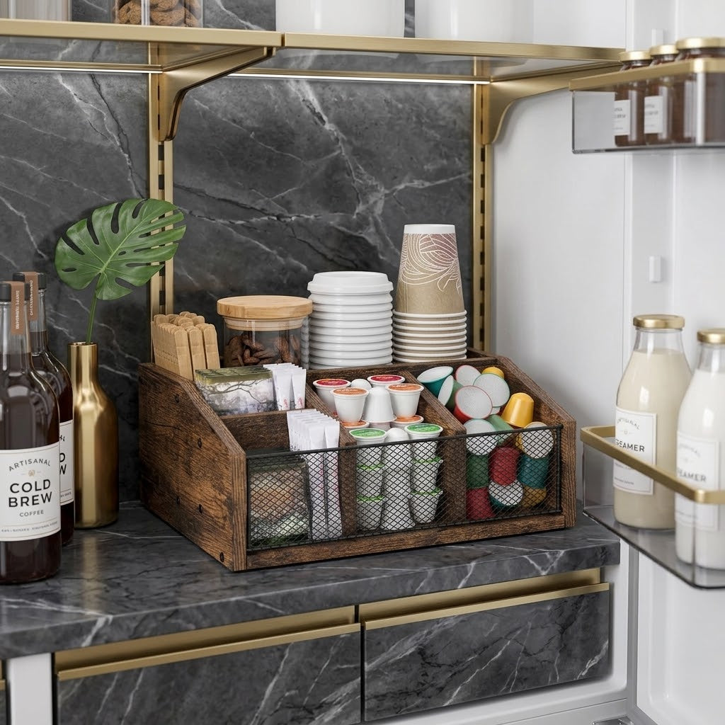 Rustic Wood Coffee Bar Condiment Organizer, Brown
