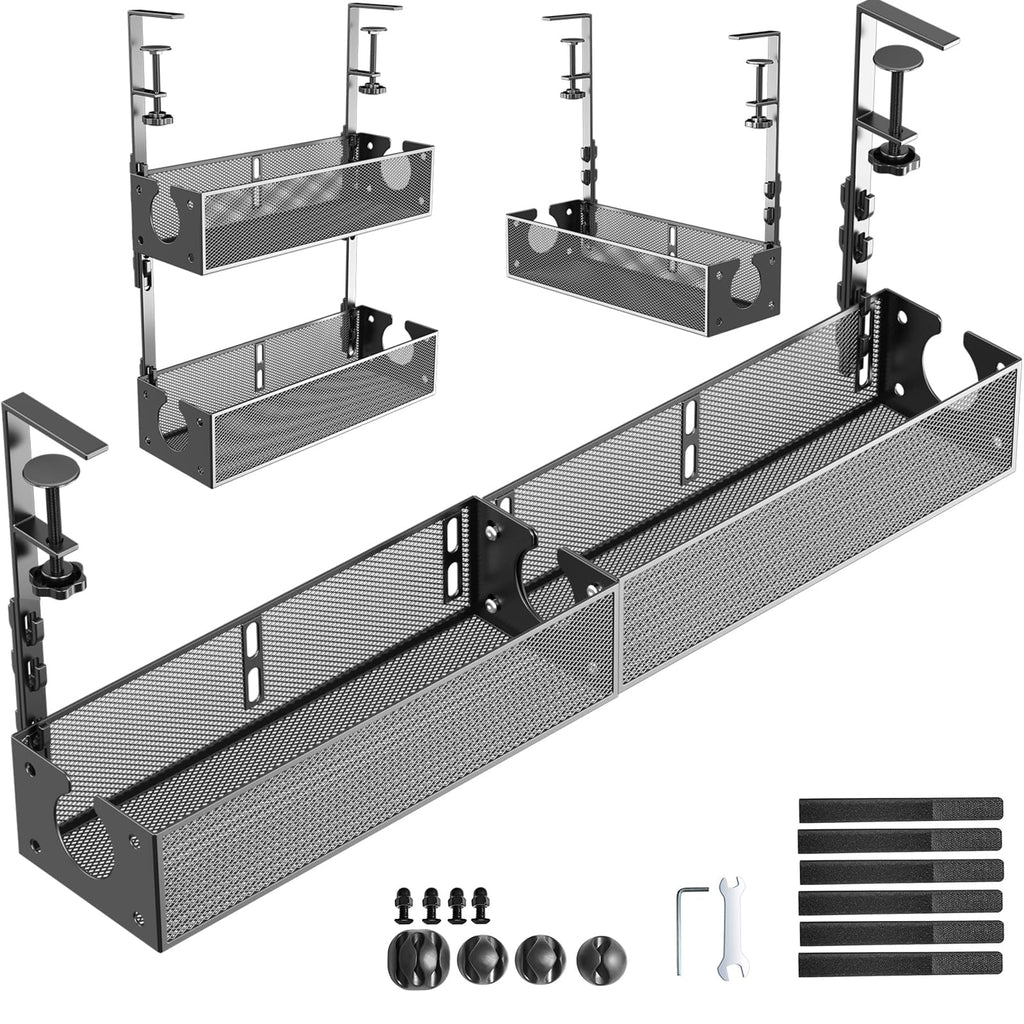 Under-Desk Metal Cable Management Tray, Clamp Mount, 2 Pack
