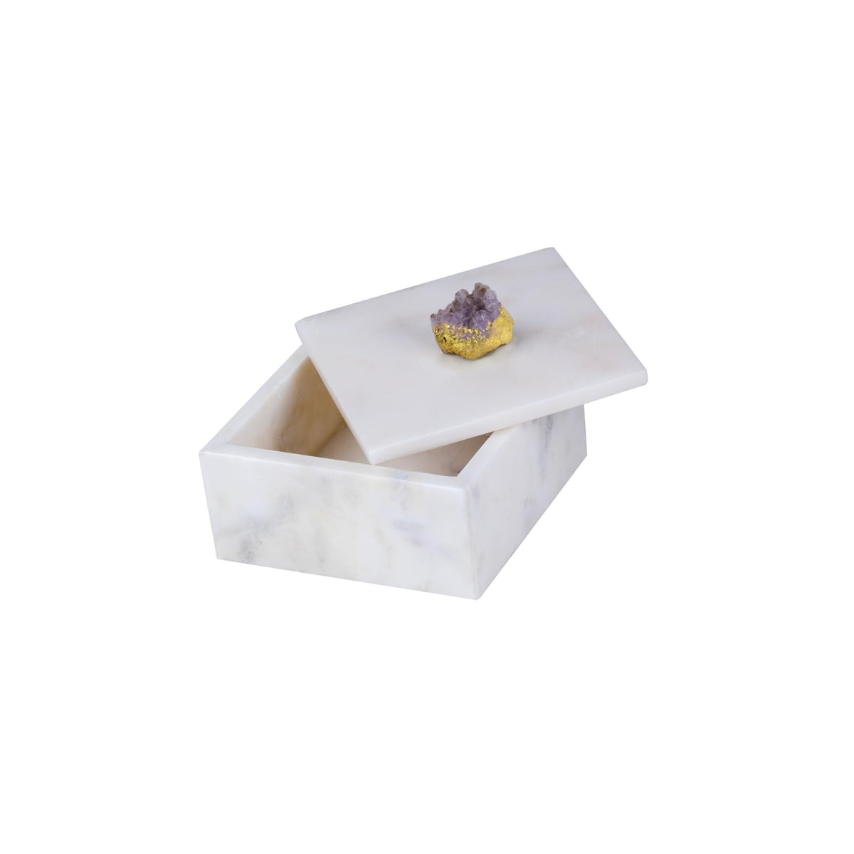 White Marble Box with Lid and Agate Knob, 6 x 6 x 3.5 in