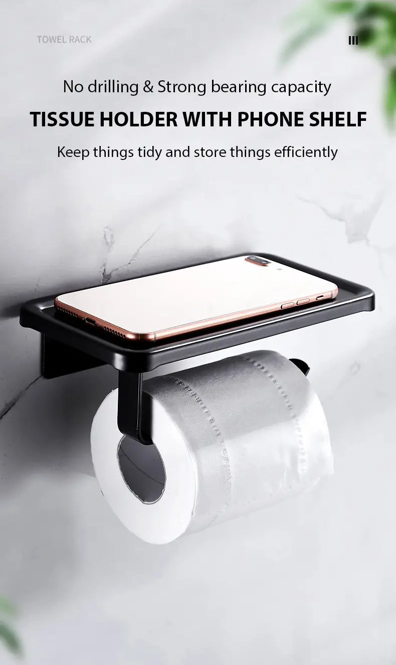 No-Drill Aluminum Towel and Toilet Paper Holder, Black or White