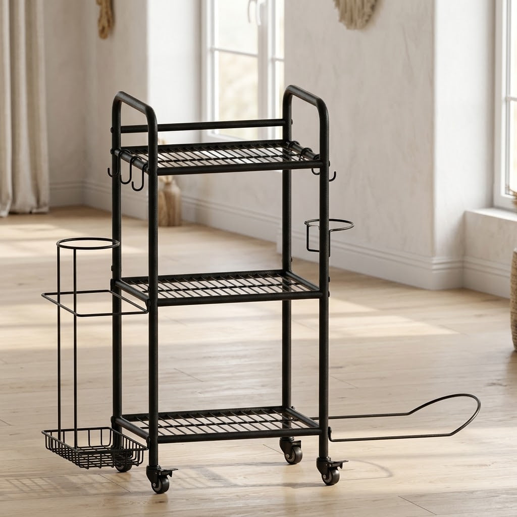 Compact Home Gym Storage Rack with 3 Mesh Shelves and Lockable Wheels
