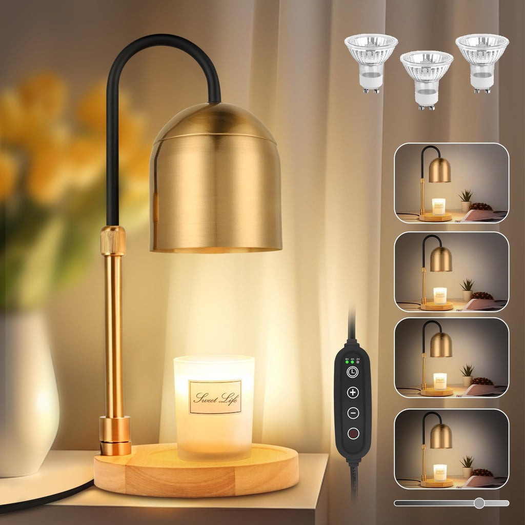 Round Gold Candle Warmer Lamp with 4-Level Dimmer, Timer and 3 Bulbs