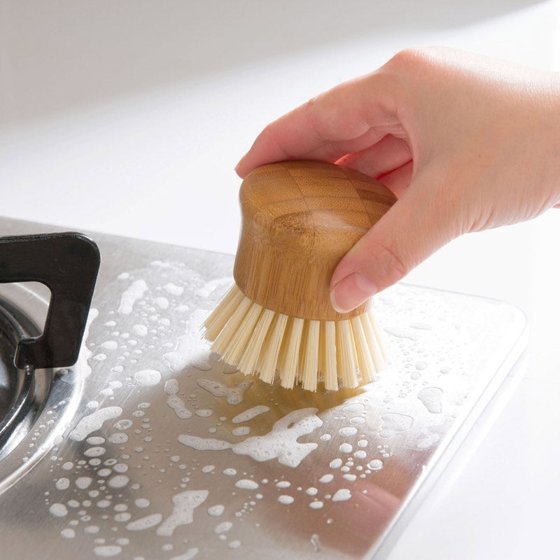 Round Head Pot Brush with Bamboo Handle and Nylon Bristles