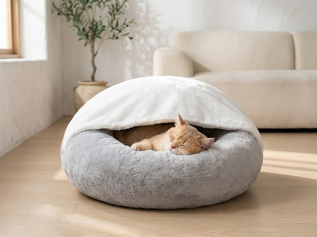 Round Cat Cave Bed with Hooded Blanket and Non-Slip Base, 22 in, Grey
