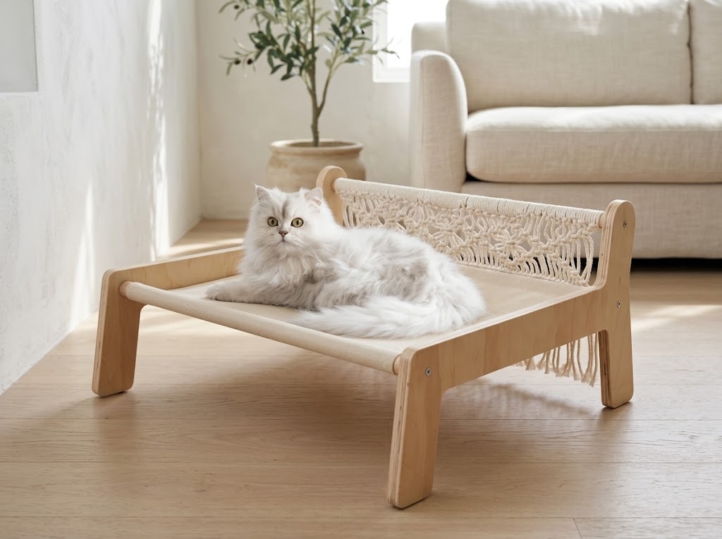 Free-Standing Macrame Cat Hammock Bed with Birch Frame