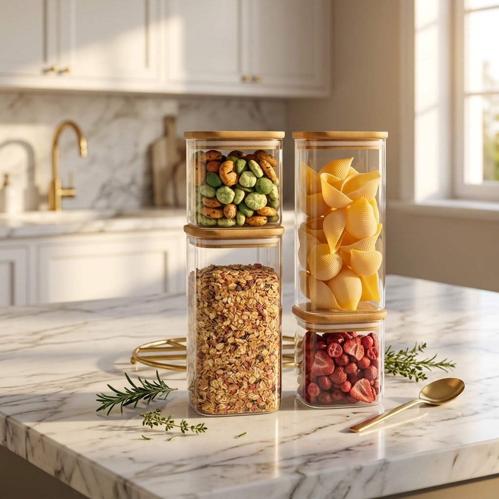Square Stackable Glass Storage Jars with Bamboo Lids, Set of 4
