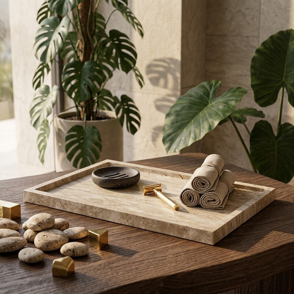 Natural Travertine Stone Sink Tray, 12 x 8 in, Beige