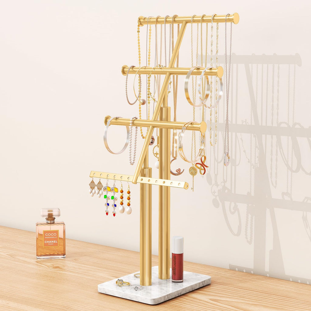 4-Tier Gold Jewelry Tree Stand with Marble Base, 17 in Tall