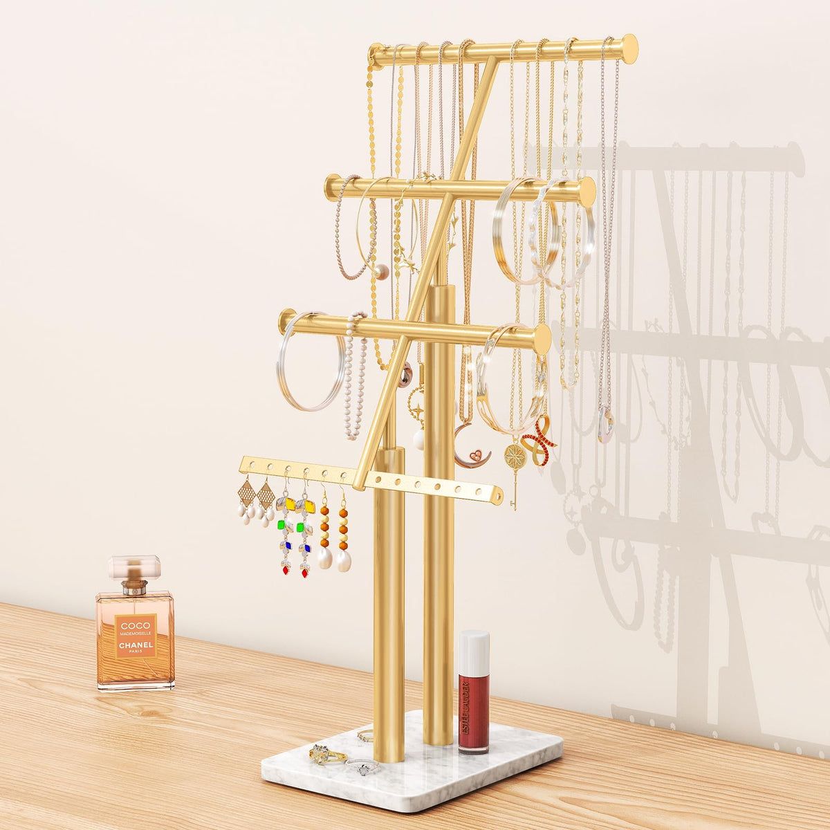 4-Tier Gold Jewelry Tree Stand with Marble Base, 17 in Tall