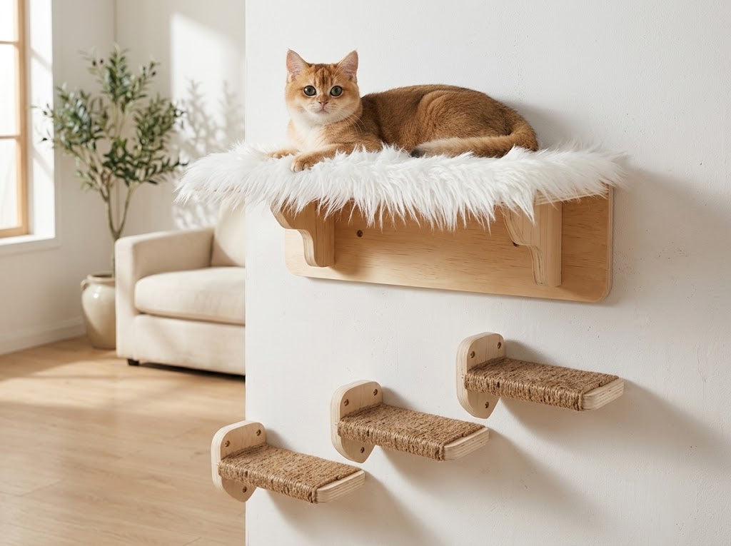 Cat Wall Shelf Set with Plush Hammock Bed and 3 Rope Steps