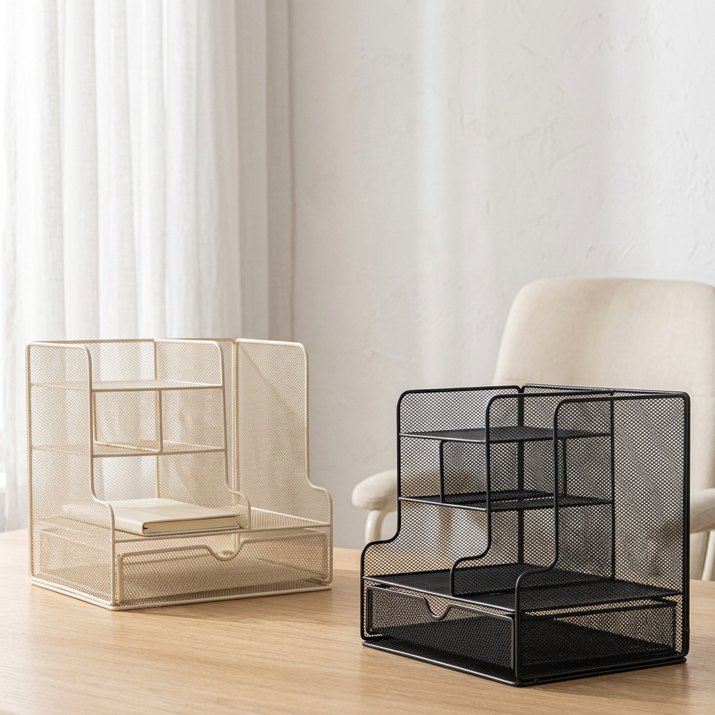 Wrought Iron Desktop File Rack Organizer, Black or Beige