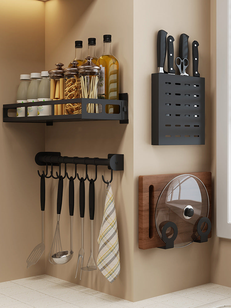 No-Drill Stainless Steel Wall Kitchen Racks, 7 Styles, Black