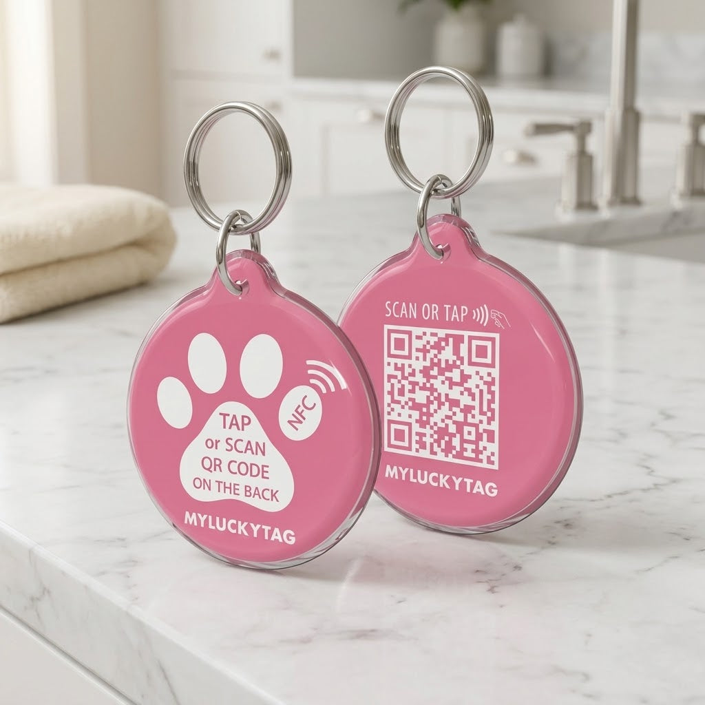 Smart Pet ID Tag with NFC and QR Code Online Profile, Pink Paw