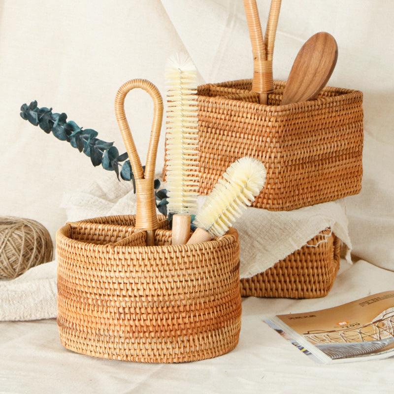 Rattan Storage Basket with Carry Handle, 30 x 19 x 19 cm