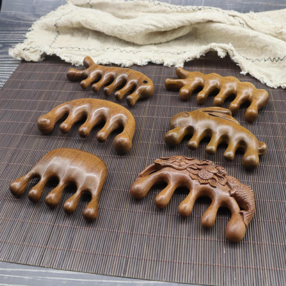 Golden Sandalwood Five-Tooth Scalp Massage Comb, Multiple Shapes