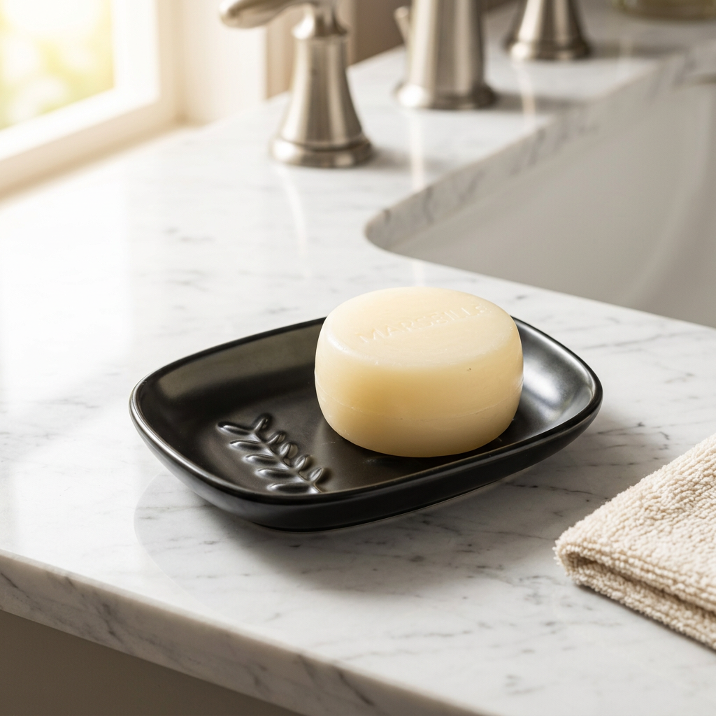 Black Ceramic Soap Dish with Raised Leaf Design