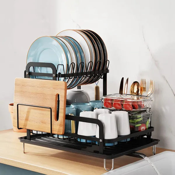 2-Tier Dish Drying Rack with Drainboard, Board Rack and Cup Rack