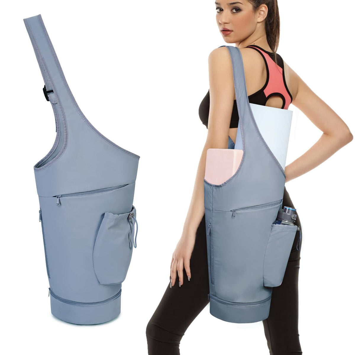 Large-Opening Yoga Mat Bag with Bottom Wet Pocket, Blue