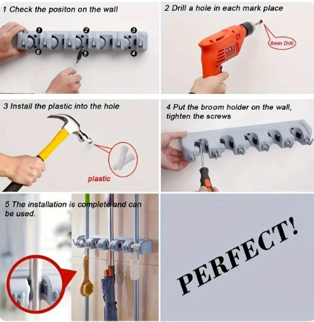 Wall-Mount Mop and Broom Holder with 5 Slots and 2 Hooks