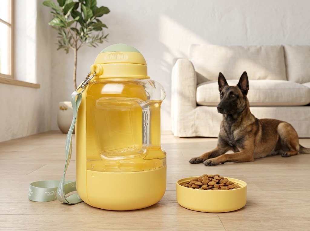 Dog Water Bottle with Food Container and Wide Trough, 35 oz, Yellow