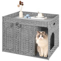 Rattan Litter Box Enclosure with Hallway Divider and Litter Mat, Gray