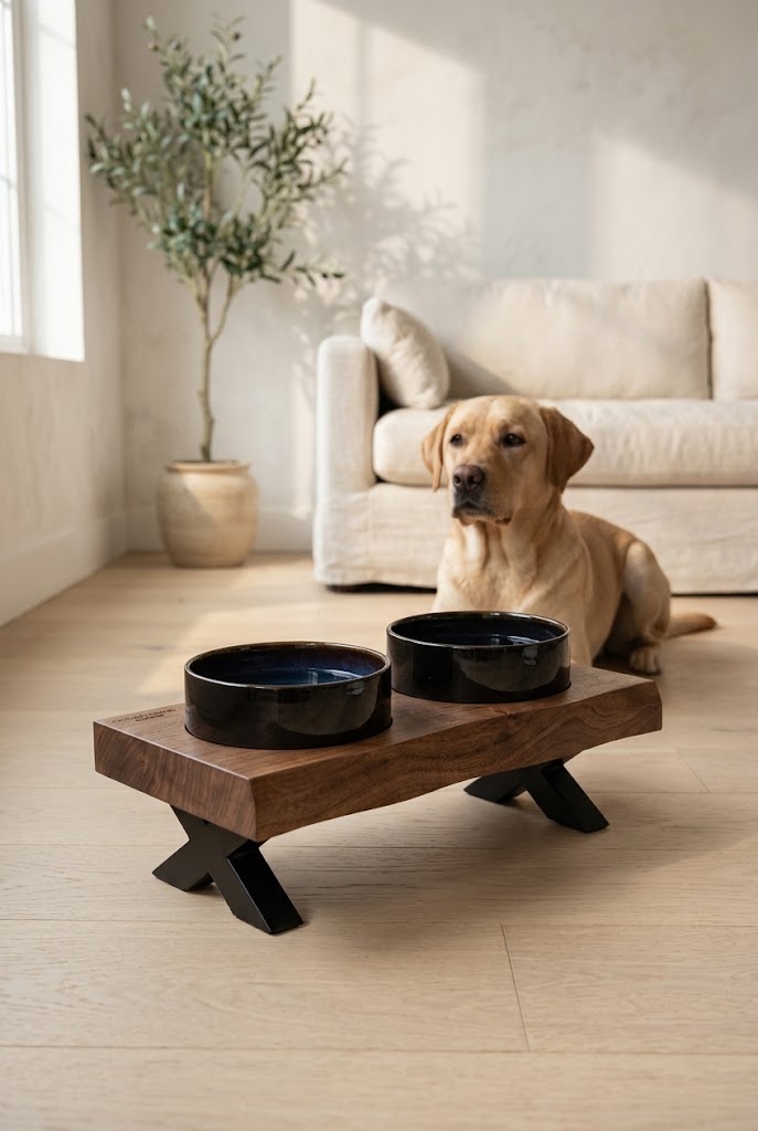 Raised Ceramic Pet Bowls with Solid Wood Stand, Walnut