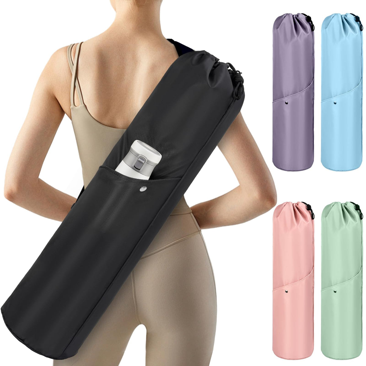Waterproof Yoga Mat Bag with Pockets and Adjustable Strap, Black