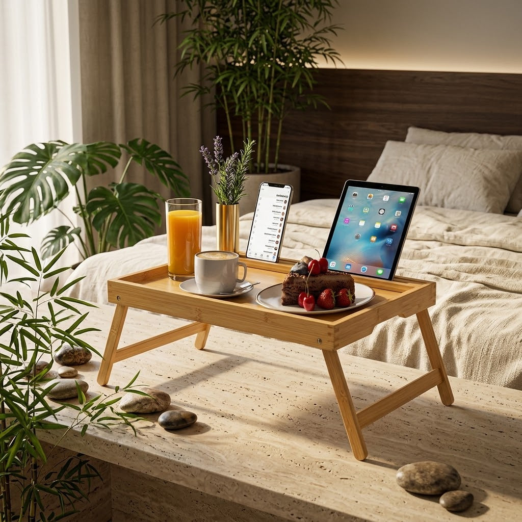 Folding Bamboo Bed Tray Table with Media Slot, Medium