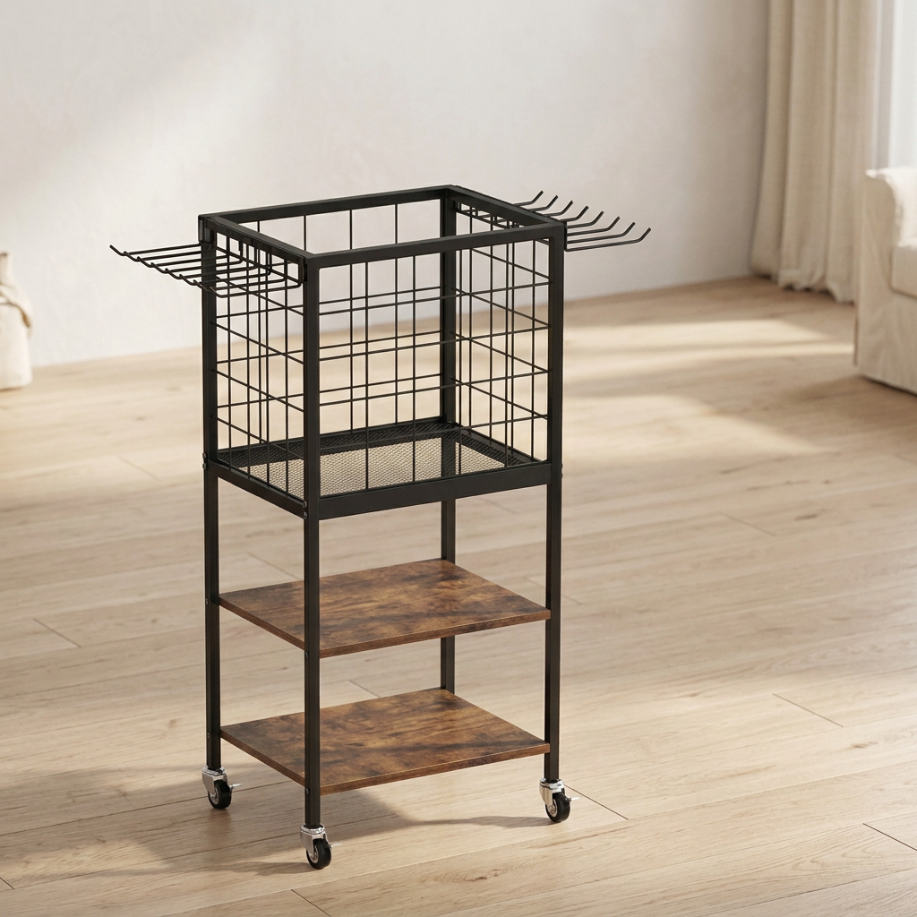 3-Tier Wood and Metal Gym Storage Cart with Wheels and Hooks