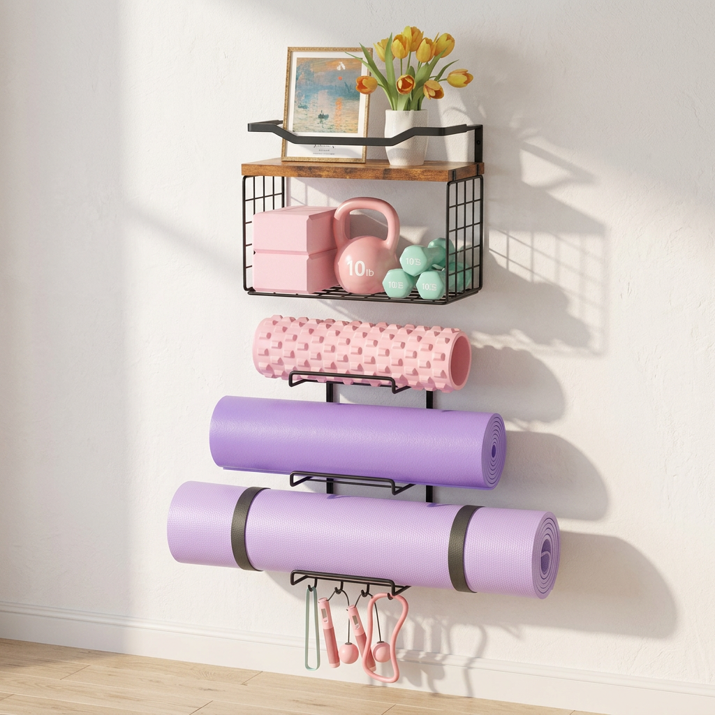 Wall-Mounted Yoga Mat Holder with Wood Shelves, Basket and 4 Hooks