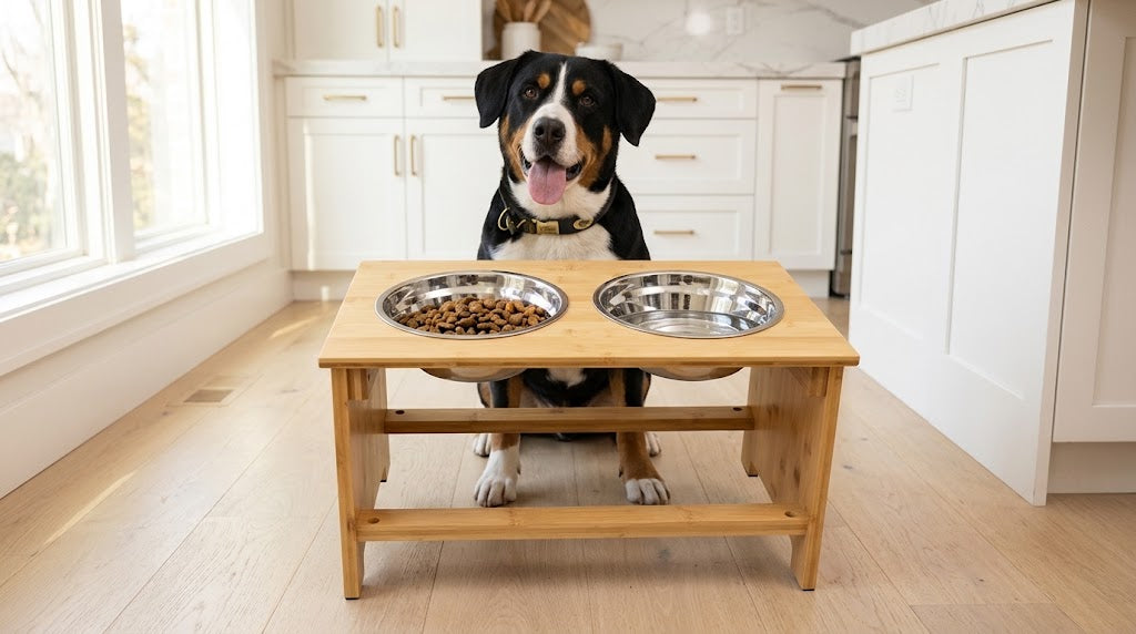 Bamboo Raised Dog Bowl Stand with 2 Bowls for Medium Dogs