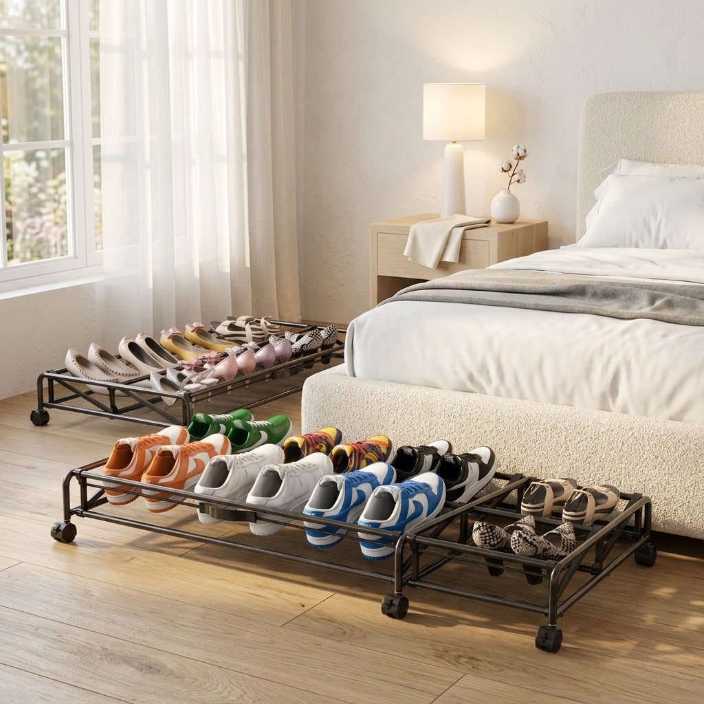Rolling Metal Under-Bed Shoe Rack with Wheels, 2 Pack