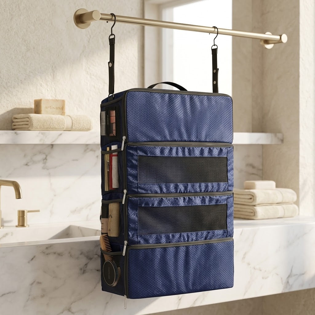 Hanging Suitcase Organizer with Collapsible Shelves, Large, Blue
