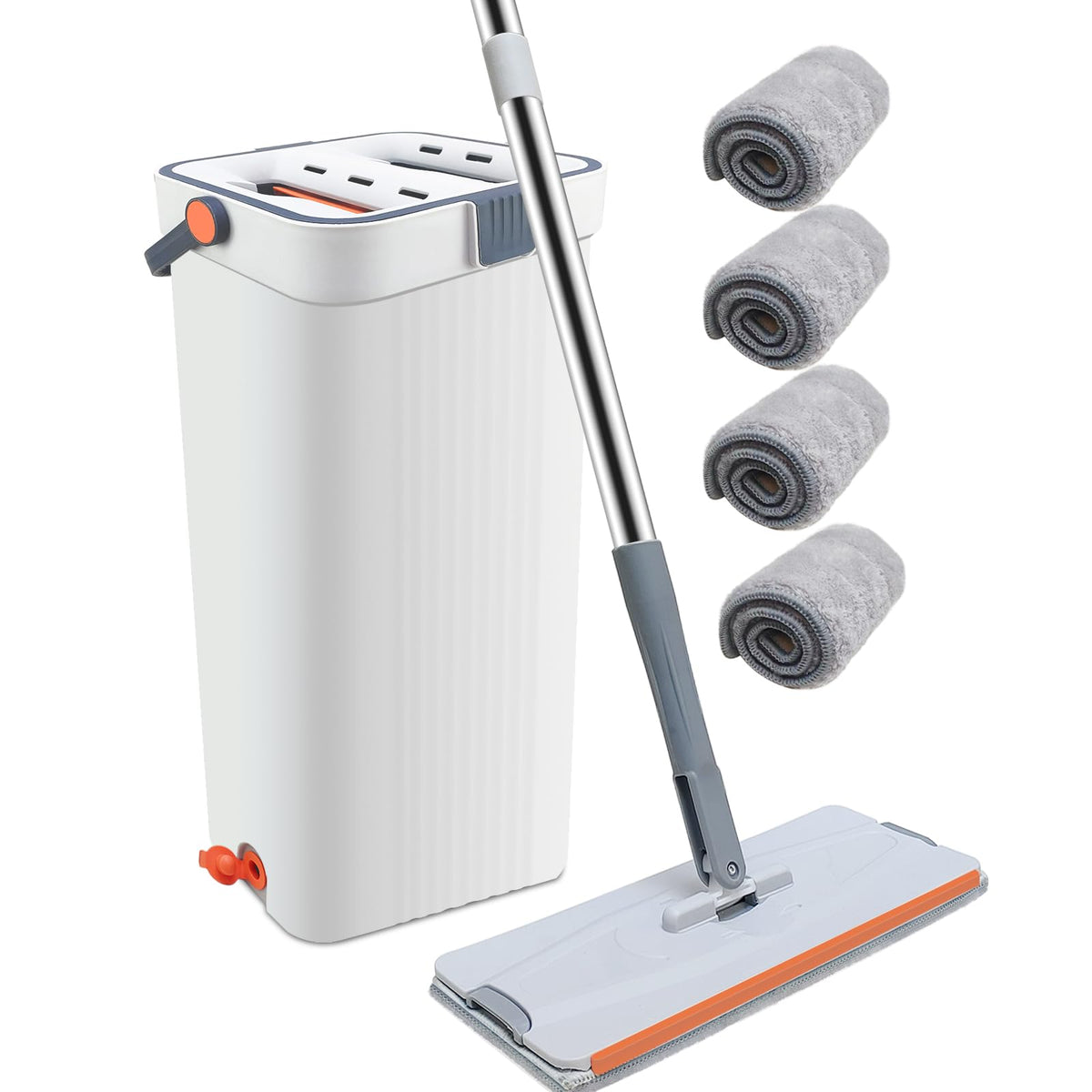 Hands-Free Flat Mop and Bucket System with 60 in Handle, 4 Pads