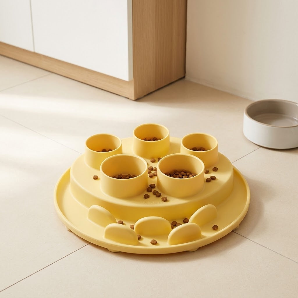 Cat Puzzle Feeder Mat with Slow-Feeding Ridges, Yellow