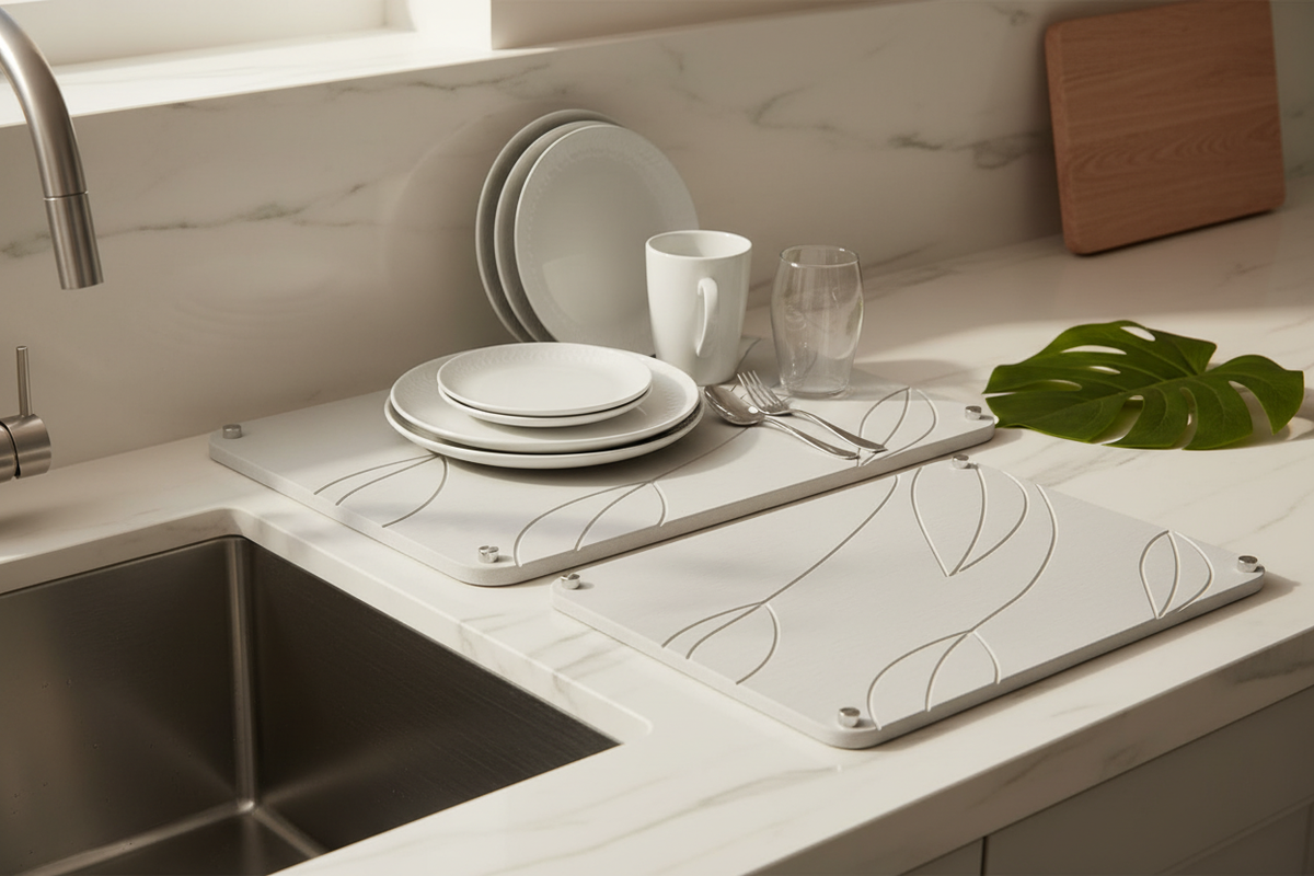 Grey Leaf Mats - Dishes at Sink