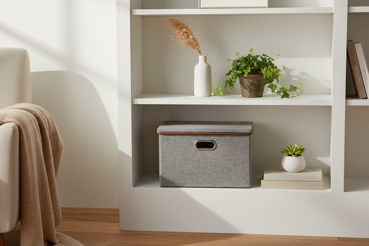 Grey Linen Storage Box with Lid – EVERVESTA Luxury Home Office