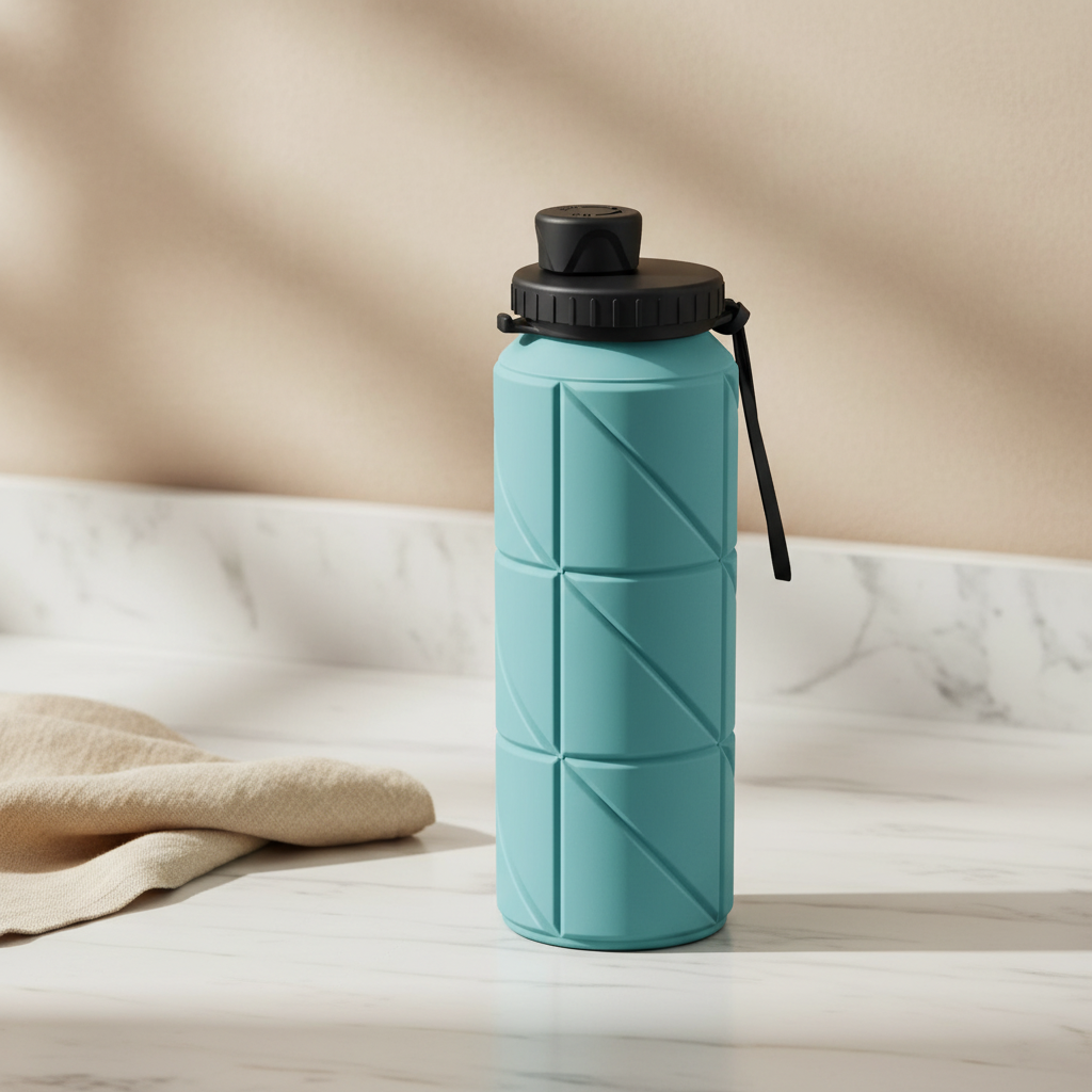 Mefold Collapsible Water Bottle styled in luxury marble setting