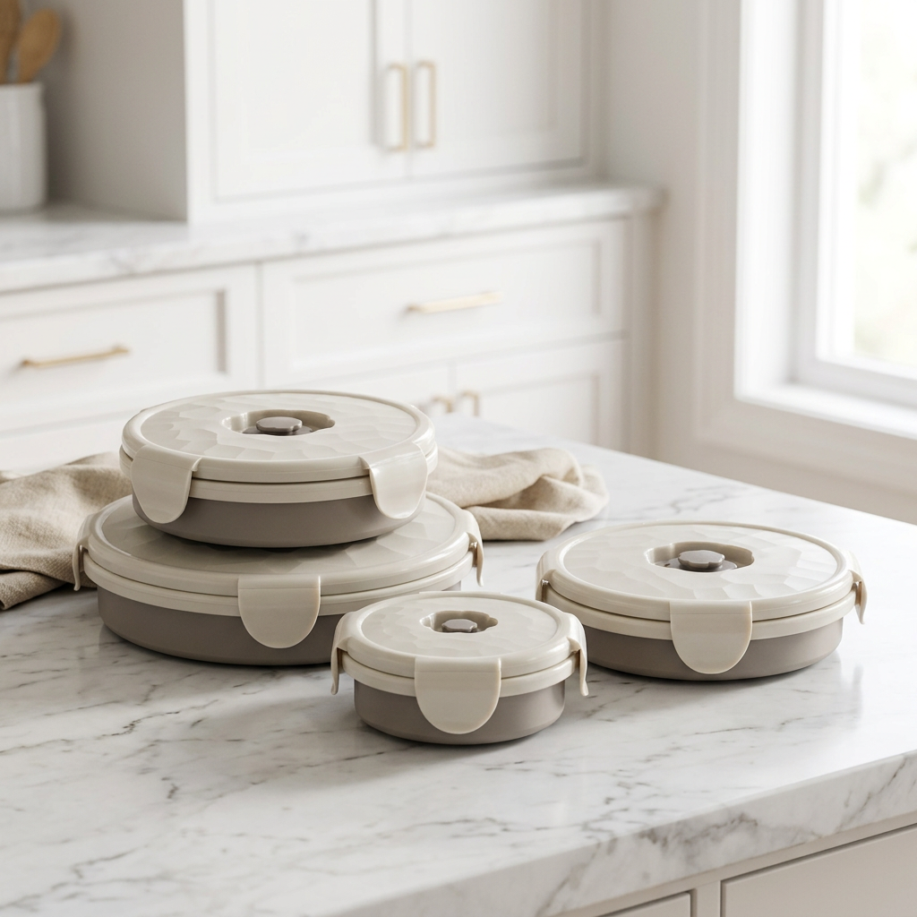 Collapsible silicone food container in a luxury kitchen setting