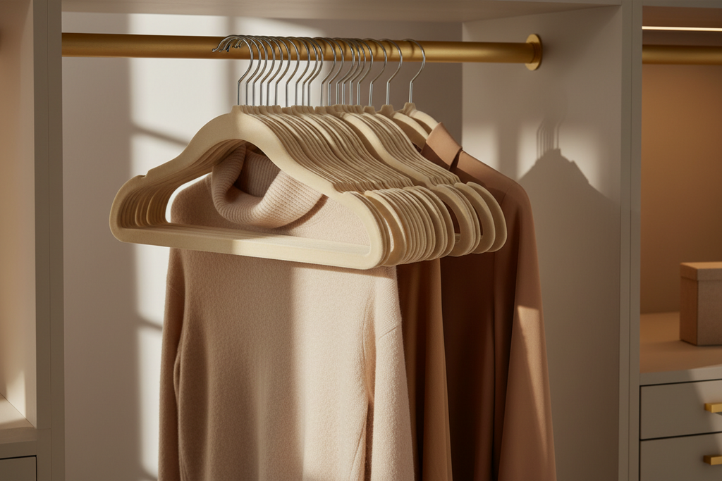 Non-Slip Velvet Kids Hangers with Swivel Hook, 50 Pack, Beige
