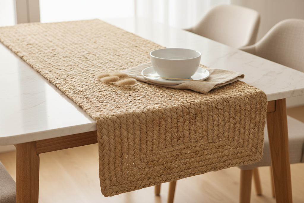 GLAMBURG Jute Burlap Table Runner - 3/4 angle