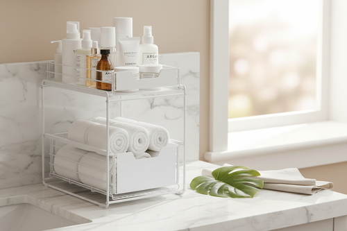 Luxury All-White 2-Tier Sliding Cabinet Organizer
